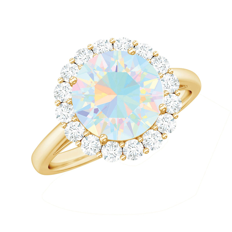Certified Real 8mm Ethiopian Rainbow Opal Engagement Ring with Diamond Halo
