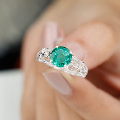 Certified 8 mm Lab Grown Emerald Antique Engagement Ring