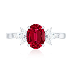 2 CT Claw Set Oval Created Ruby Solitaire and Marquise Diamond Trio Ring