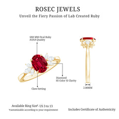2 CT Claw Set Oval Created Ruby Solitaire and Marquise Diamond Trio Ring