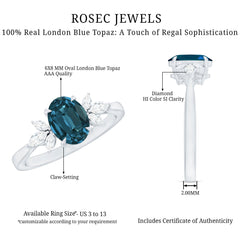 Oval Cut London Blue Topaz Engagement Ring with Diamond Trio