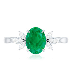 Natural 6X8MM Oval Emerald Engagement Ring with Diamond Trio