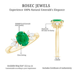 Natural 6X8MM Oval Emerald Engagement Ring with Diamond Trio