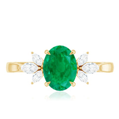Natural 6X8MM Oval Emerald Engagement Ring with Diamond Trio
