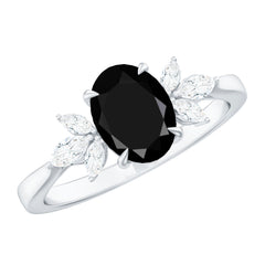 Oval Cut Black Onyx Engagement Ring with Diamond Trio
