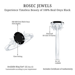 Oval Cut Black Onyx Engagement Ring with Diamond Trio