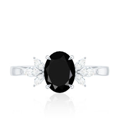 Oval Cut Black Onyx Engagement Ring with Diamond Trio