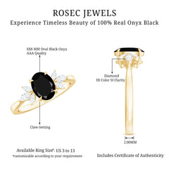 Oval Cut Black Onyx Engagement Ring with Diamond Trio