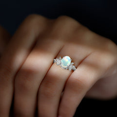 Natural 6X8mm Rainbow Opal Oval Engagement Ring with Diamond