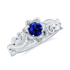 Certified Lab Grown Blue Sapphire Flower Engagement Ring with Diamond