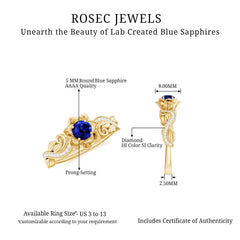 Certified Lab Grown Blue Sapphire Flower Engagement Ring with Diamond