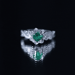 Lab Created Emerald and Diamond Flower Engagement Ring in Silver