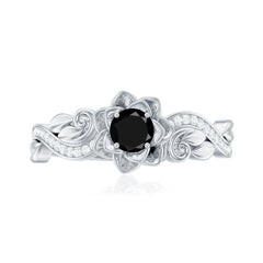 Nature Inspired Black Onyx and Diamond Floral Engagement Ring