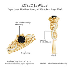 Nature Inspired Black Onyx and Diamond Floral Engagement Ring