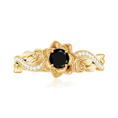 Nature Inspired Black Onyx and Diamond Floral Engagement Ring
