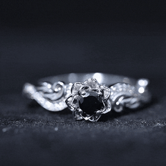 Real Black Spinel Blooming Flower Engagement Ring with Diamond