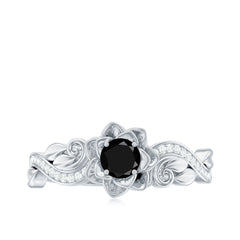 Real Black Spinel Blooming Flower Engagement Ring with Diamond
