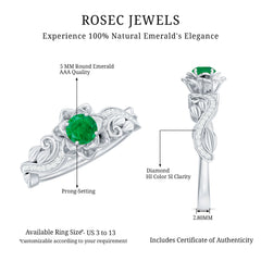 Certified 5 MM Emerald and Diamond Flower Engagement Ring