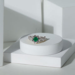 Certified 5 MM Emerald and Diamond Flower Engagement Ring