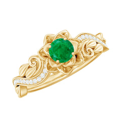 Certified 5 MM Emerald and Diamond Flower Engagement Ring