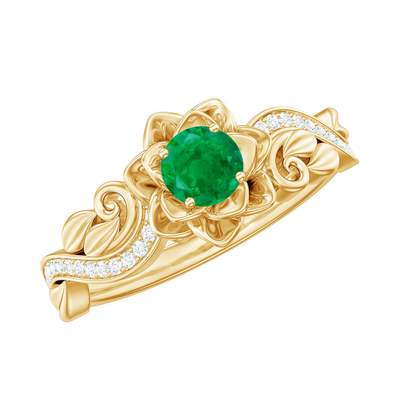 Certified 5 MM Emerald and Diamond Flower Engagement Ring