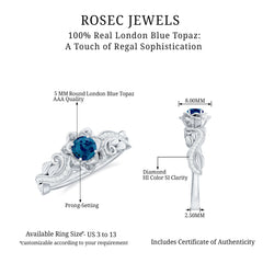 5mm Round Shape London Blue Topaz Nature Inspired Engagement Ring with Diamond