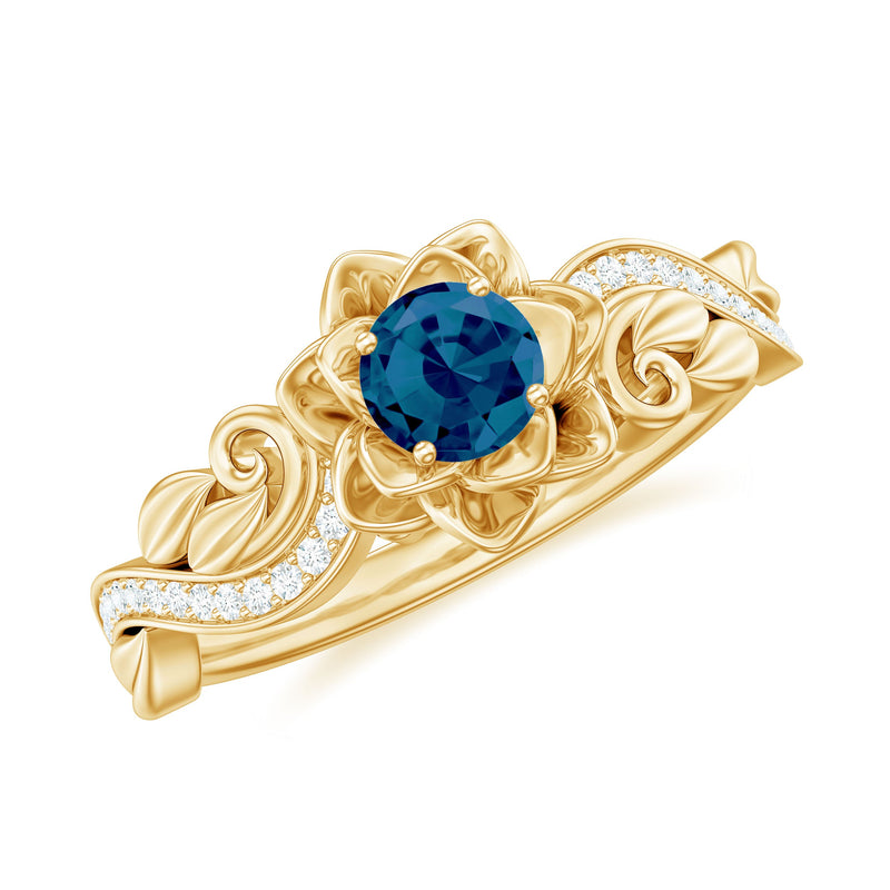5mm Round Shape London Blue Topaz Nature Inspired Engagement Ring with Diamond