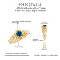 5mm Round Shape London Blue Topaz Nature Inspired Engagement Ring with Diamond