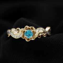 5mm Round Shape London Blue Topaz Nature Inspired Engagement Ring with Diamond