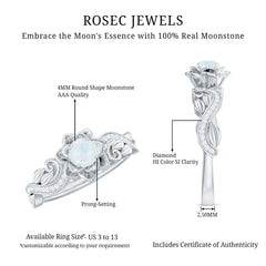 Natural Moonstone Rose Flower Engagement Ring With Diamond