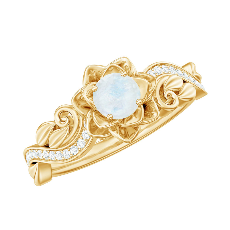 Natural Moonstone Rose Flower Engagement Ring With Diamond