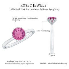 Natural Pink Tourmaline Solitaire Ring in Lotus Basket Setting