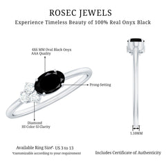 4x6mm Oval Cut Black Onyx Minimal Promise Ring with Diamond Trio