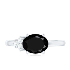 Oval Cut Created Black Diamond Minimal Ring with Diamond Trio