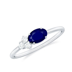 3/4 CT Oval Cut Blue Sapphire Promise Ring with Diamond Trio