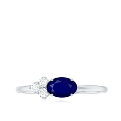 3/4 CT Oval Cut Blue Sapphire Promise Ring with Diamond Trio