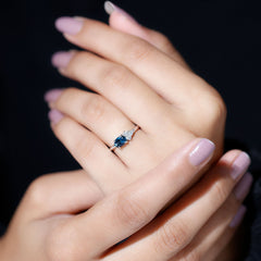4X6mm Oval Cut London Blue Topaz East West Promise Ring with Diamond Trio