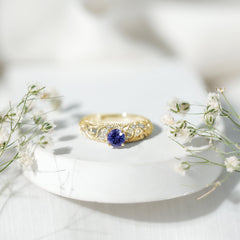 Round Tanzanite Vintage Inspired Engagement Ring with Diamond