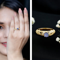 Round Tanzanite Vintage Inspired Engagement Ring with Diamond