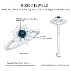 Genuine Round Cut London Blue Topaz Flower Engagement Ring with Diamonds