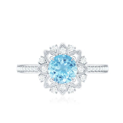 1.25 CT Aquamarine Floral Engagement Ring with Diamond Side Stones