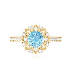 1.25 CT Aquamarine Floral Engagement Ring with Diamond Side Stones
