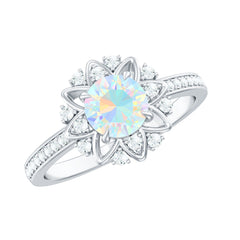 Genuine Ethiopian Opal Flower Engagement Ring with Diamond