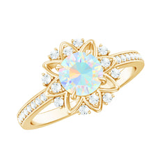 Genuine Ethiopian Opal Flower Engagement Ring with Diamond