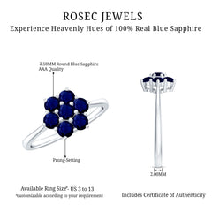 1 CT Round Shape Blue Sapphire Cluster Flower Ring