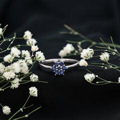 1 CT Round Shape Blue Sapphire Cluster Flower Ring