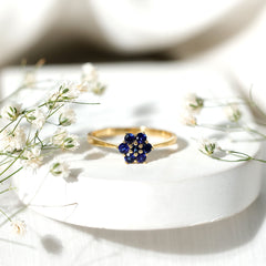 1 CT Round Shape Blue Sapphire Cluster Flower Ring