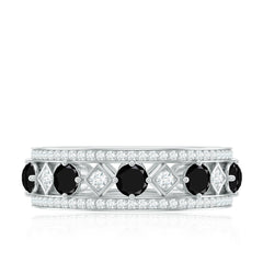 Antique Looking Black Onyx and Moissanite Wide Wedding Band