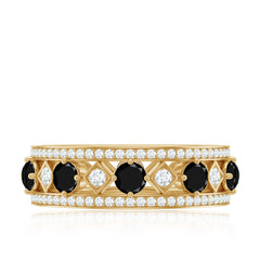 Antique Looking Black Onyx and Moissanite Wide Wedding Band