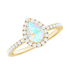 Natural 5X7mm Ethiopian Opal Teardrop Engagement Ring with Diamond Halo